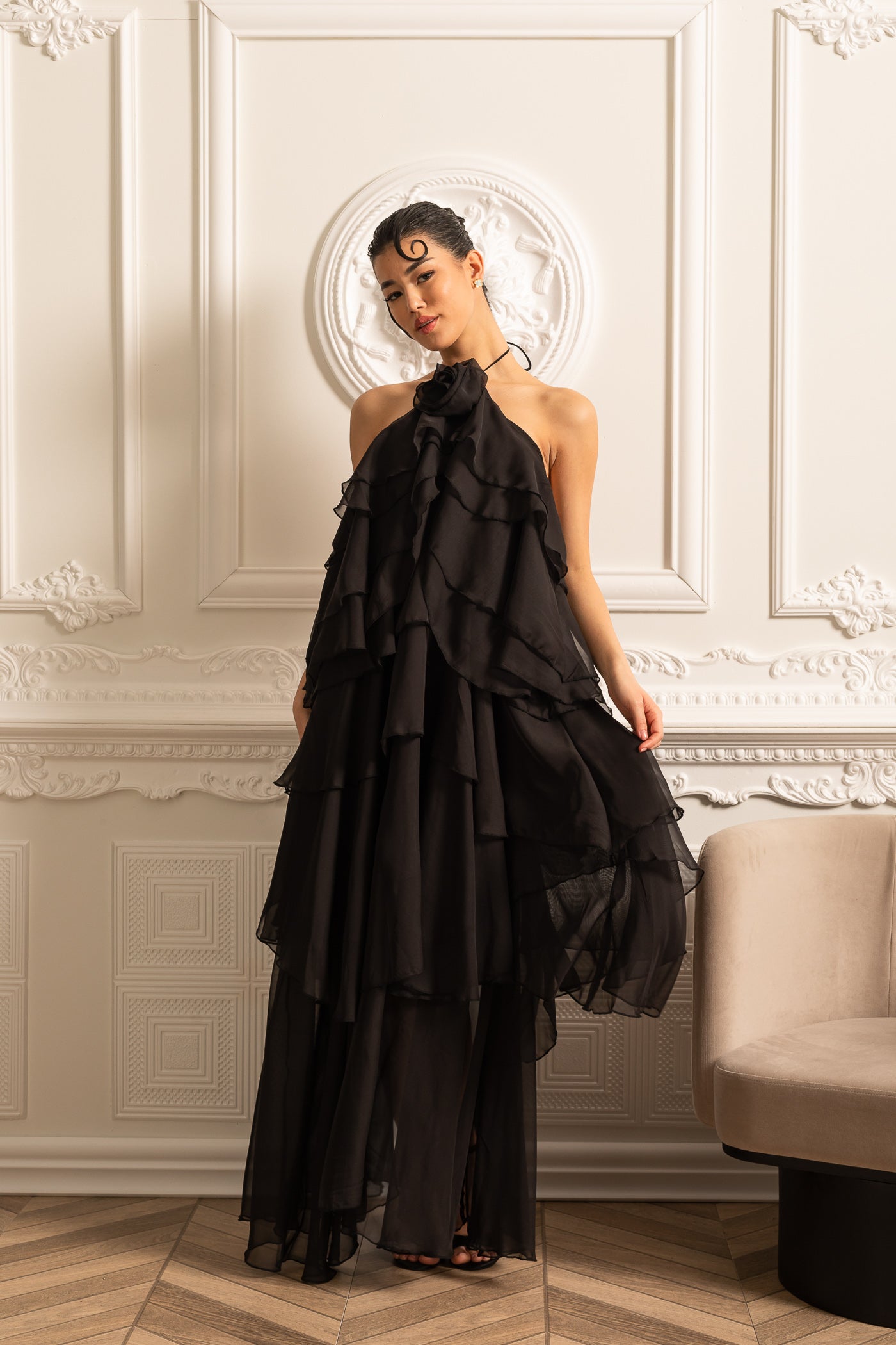 Layered Flower Ruffle Layered Ruffle Halter Dress With Decorative Neckline Flower - Black ...