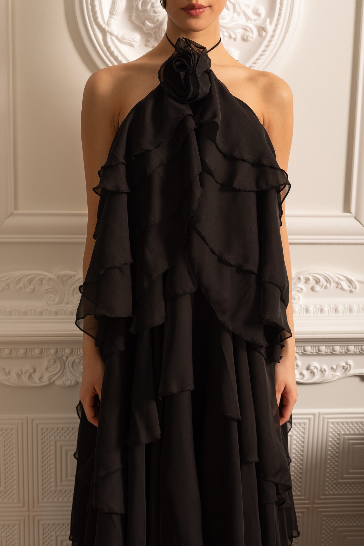 Layered Flower Ruffle Layered Ruffle Halter Dress With Decorative Neckline Flower - Black ...