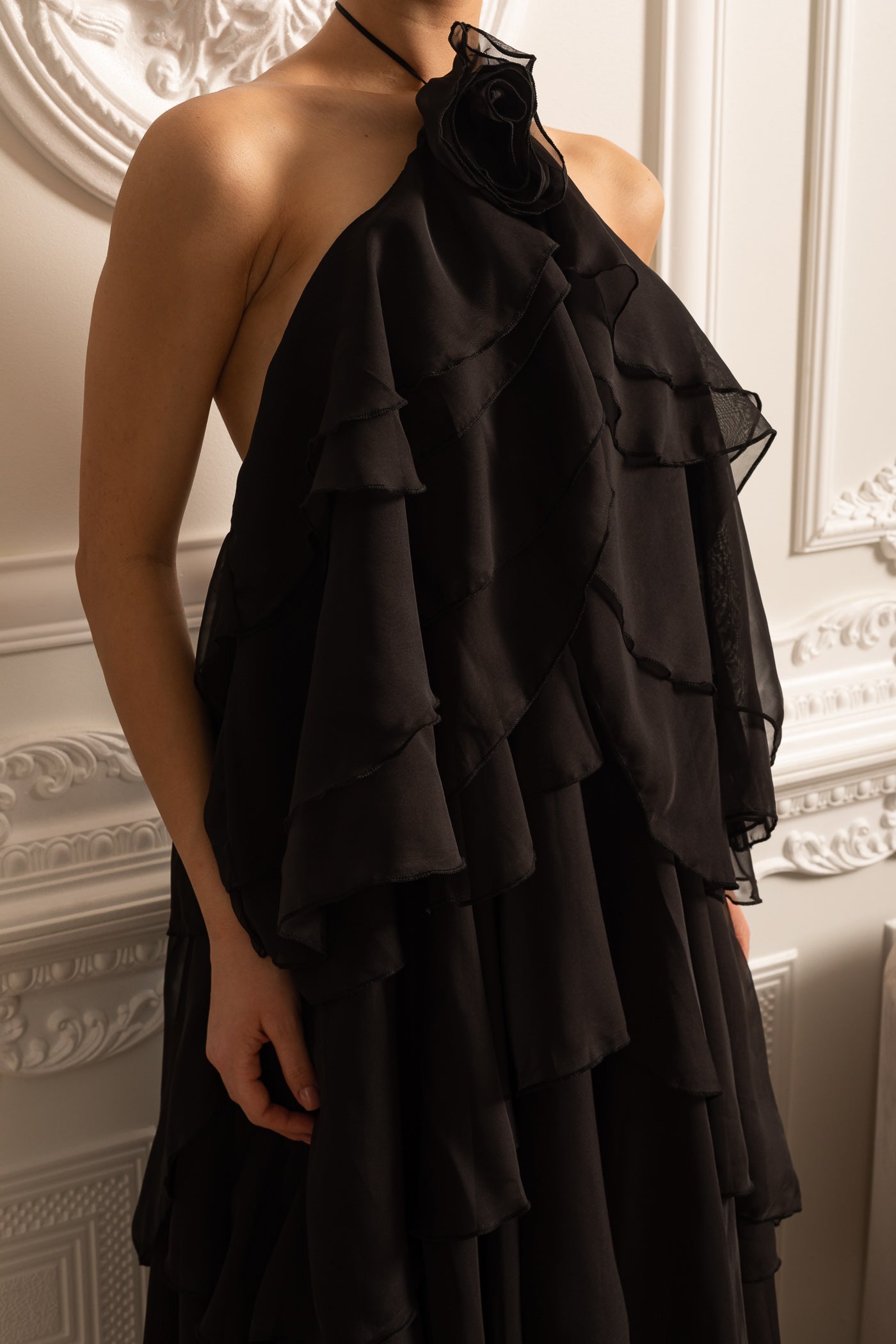 Layered Flower Ruffle Layered Ruffle Halter Dress With Decorative Neckline Flower - Black ...