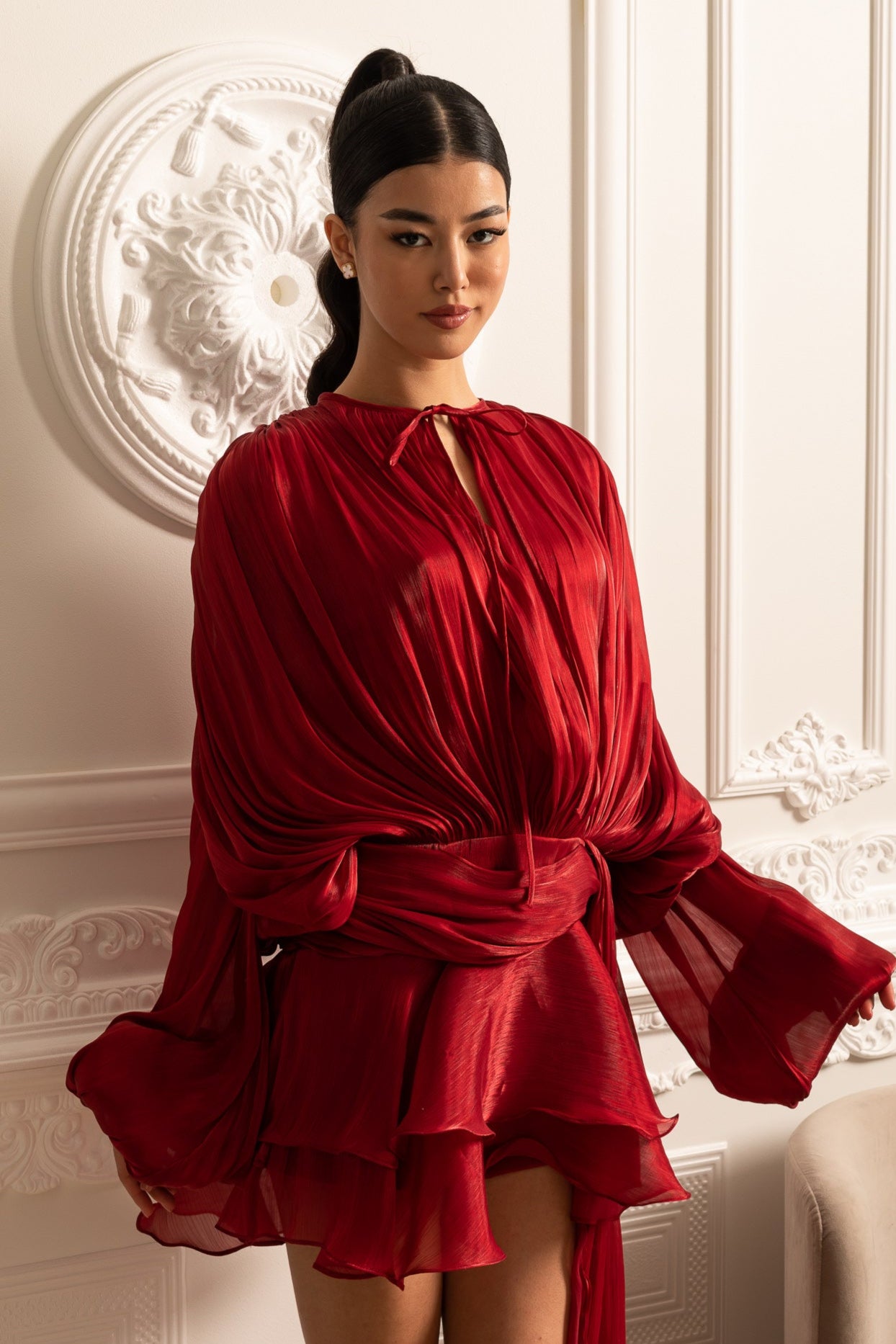 Draped Long-Sleeved Dress with Mini Skirt And Ruched Waistband - Red