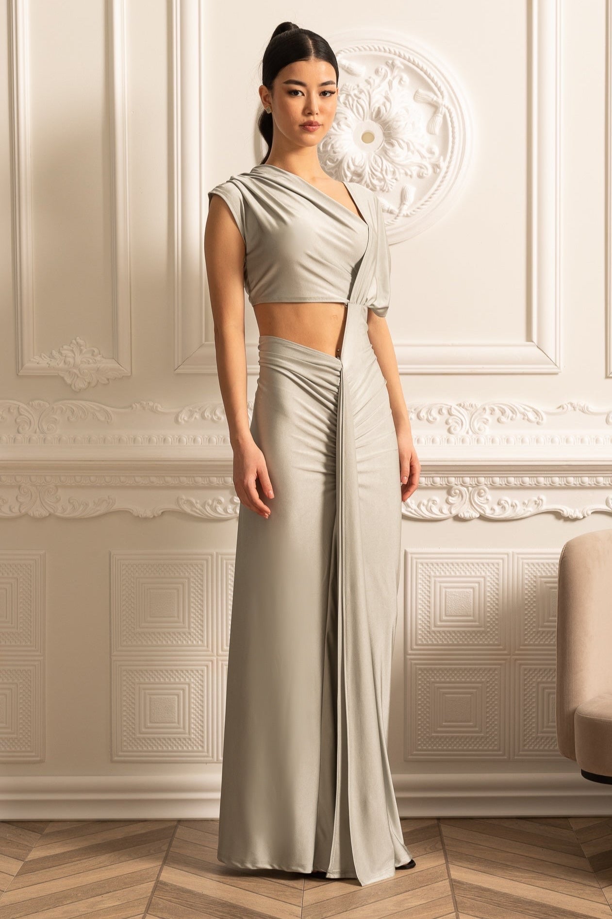 Sophisticated Draped Dress With Front Slit And Side Cut-Out - Silver