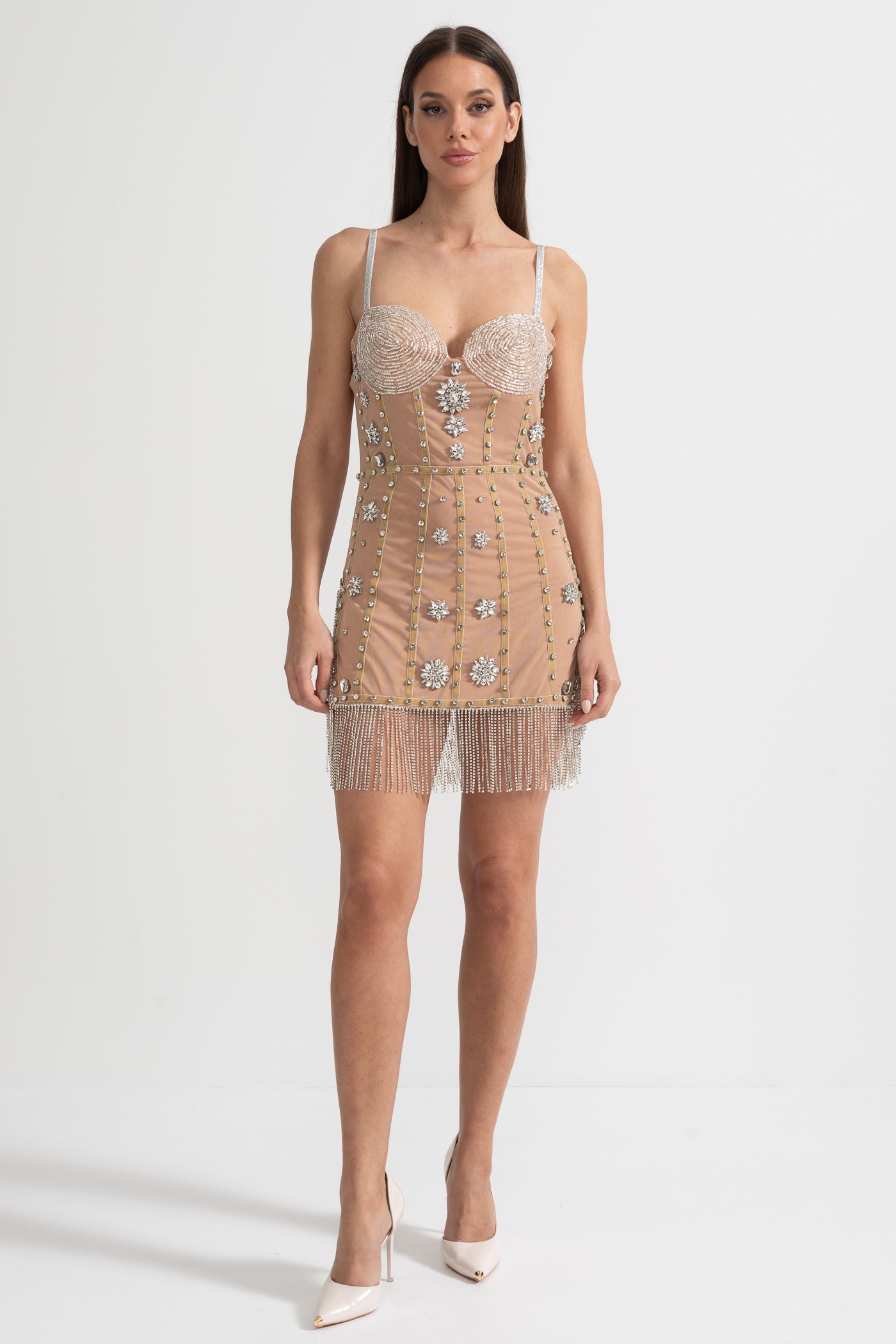 Mini Dress With Fitted Bodice, Silver Beading Accents And Sparkling Fringed Hem - Beige