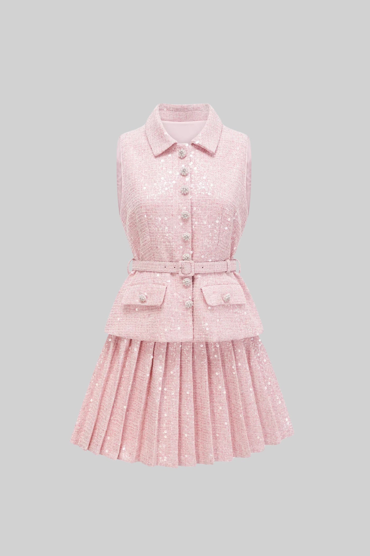 Sleeveless Textured Mini Dress With Pleated Skirt And Waistbelt - Pink