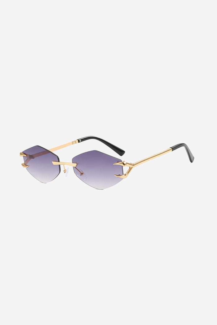 Rimless Geometric Sunglasses with Spiked Gold Temples – Purple