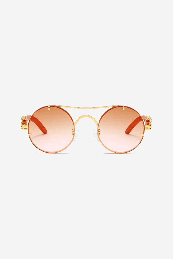 Round Sunglasses with Sculpted Leopard Temples and Double Gold Bridge – Beige