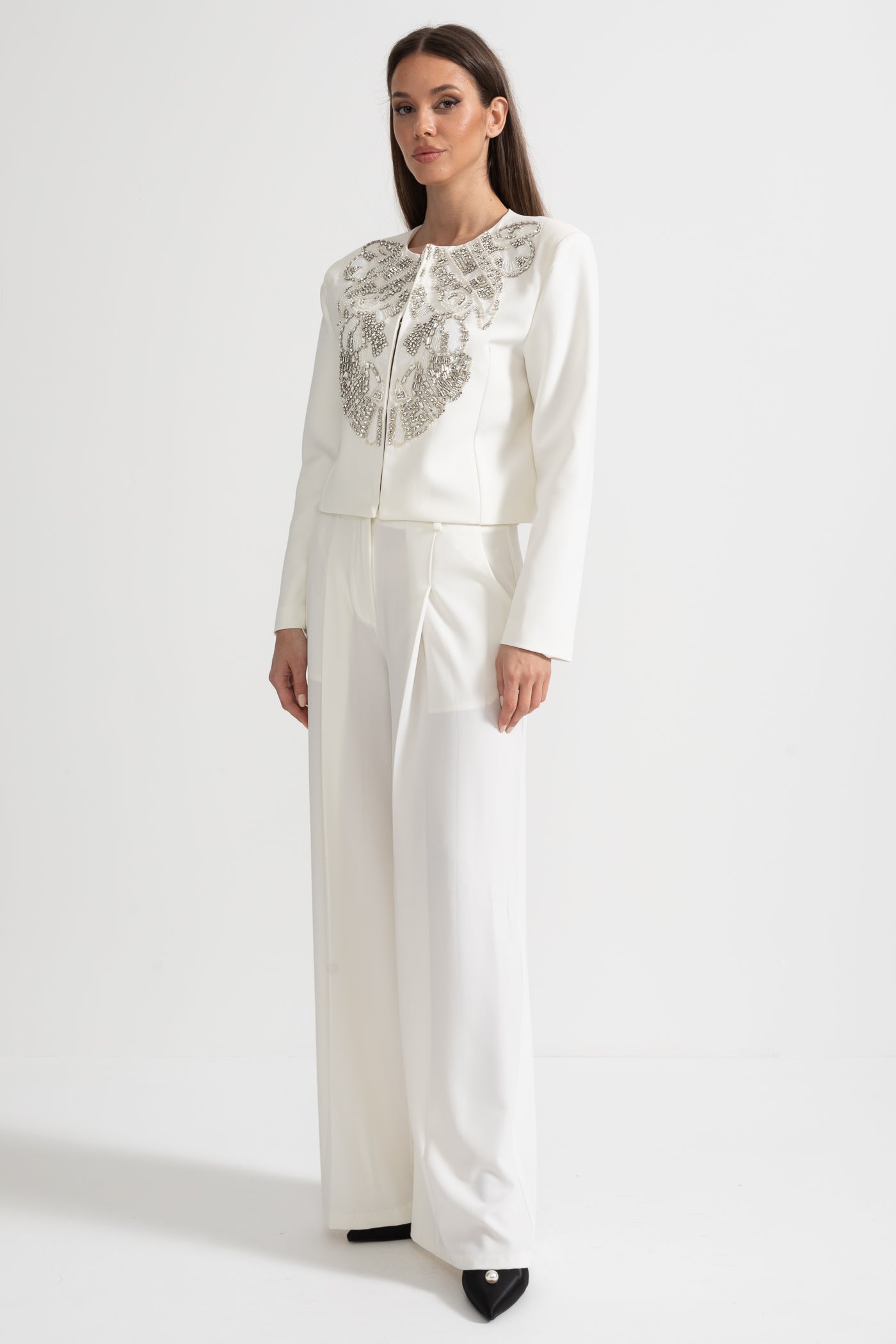 Embellished Jacket and Wide-Leg Trousers Co-Ord Set with Ornate Beadwork - White