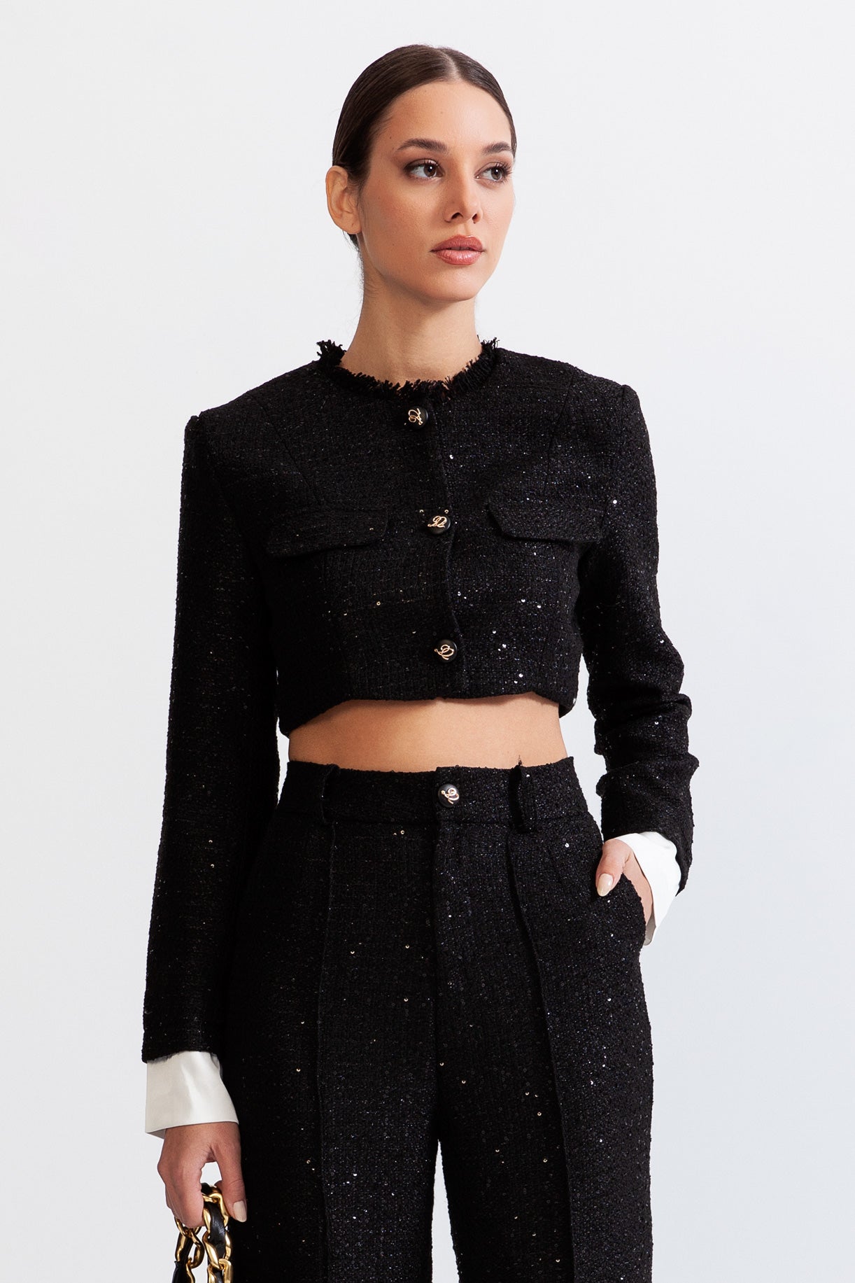 Long Sleeve Tweed Co-Ord with Sequin Details - Black