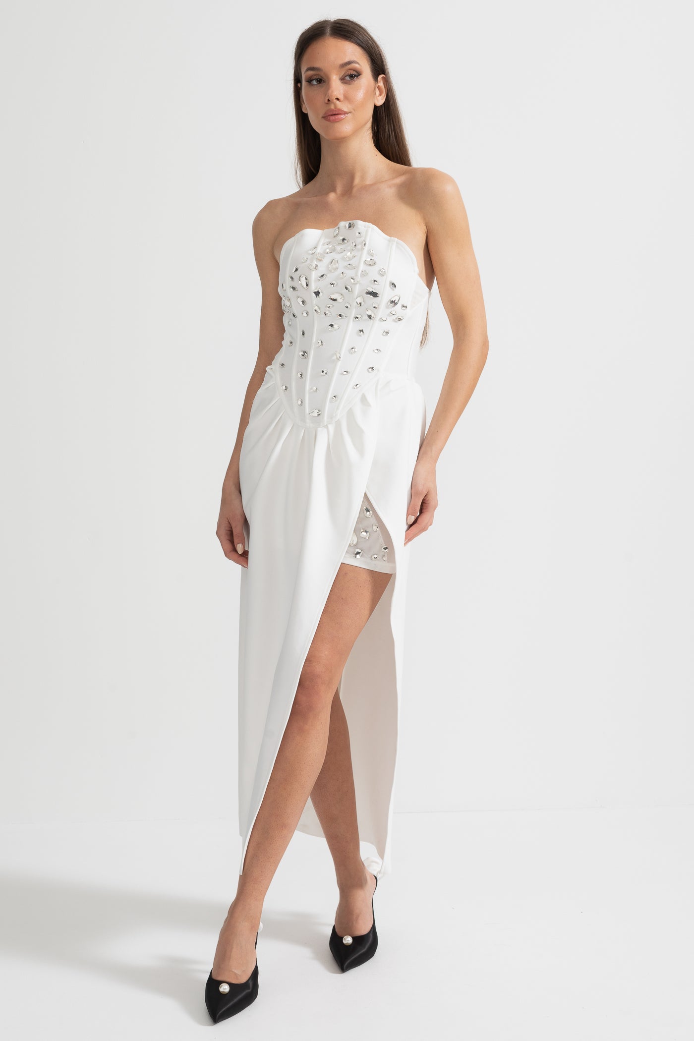 Elegant Satin Gown With Side Slit And Crystal Adornments - White
