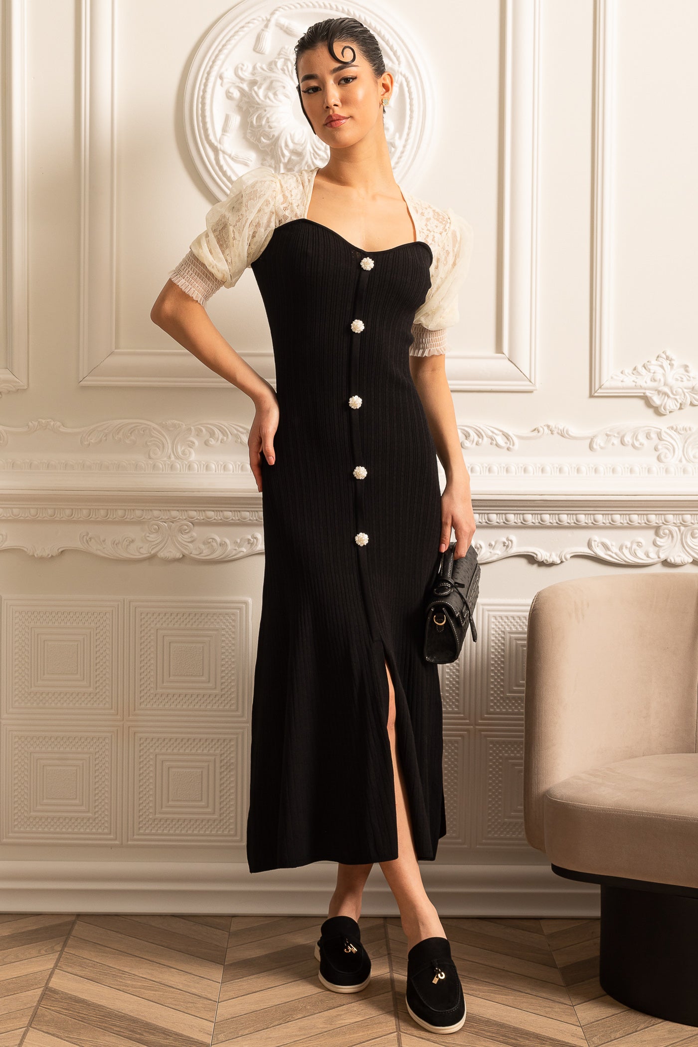 Ankle-Length Dress With Contrasting Sheer Lace Sleeves - Black