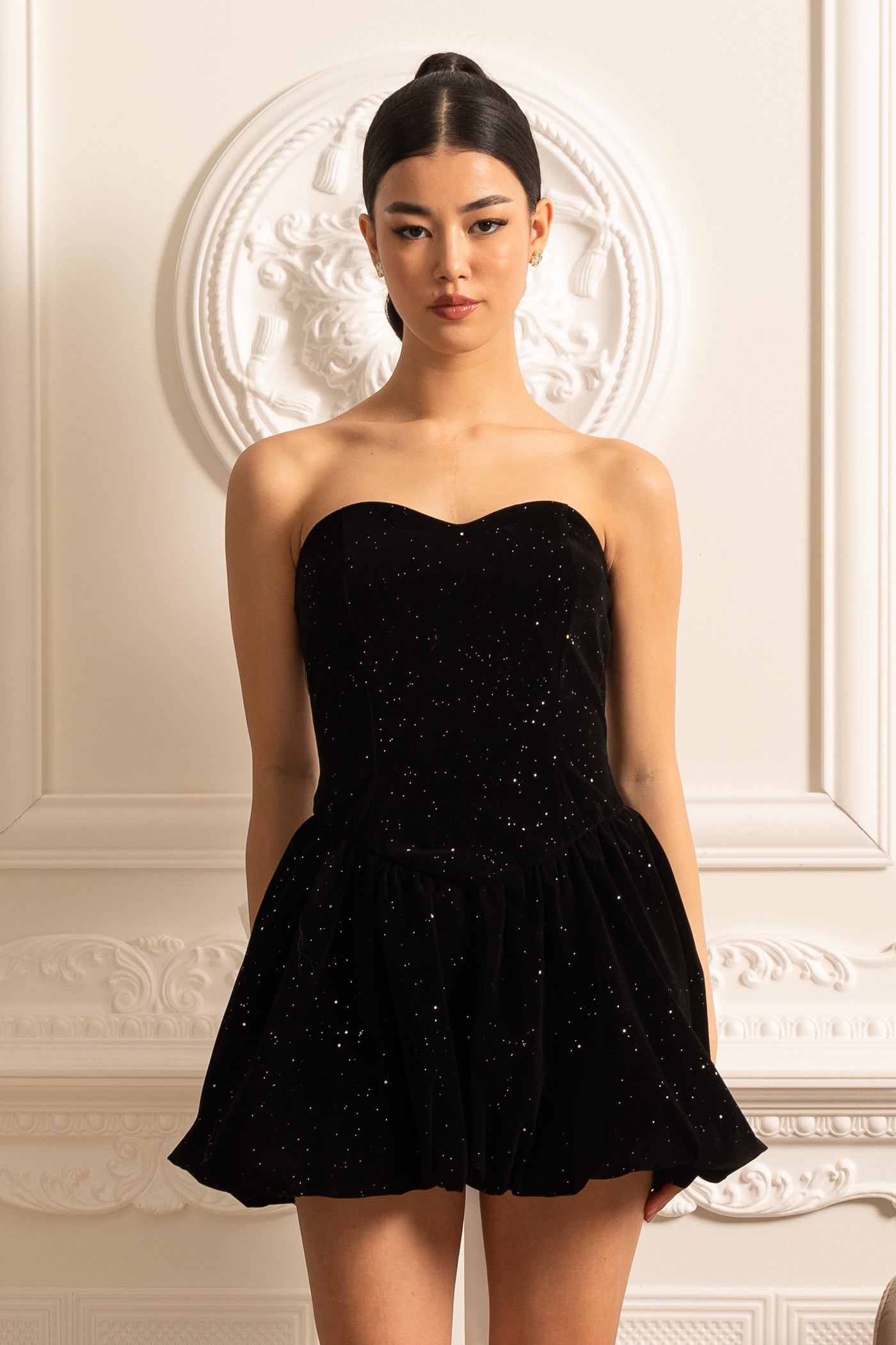 Velvet Mini Dress With Oversized Contrasting Back Bow And Delicate Starry Accents - Black