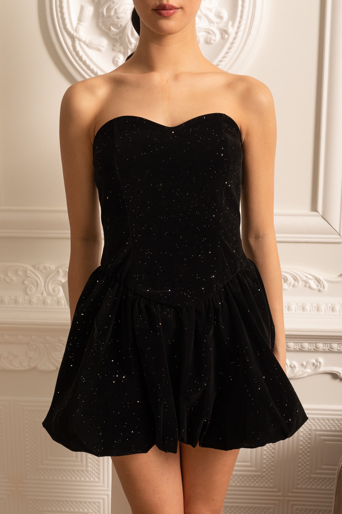 Velvet Mini Dress With Oversized Contrasting Back Bow And Delicate Starry Accents - Black