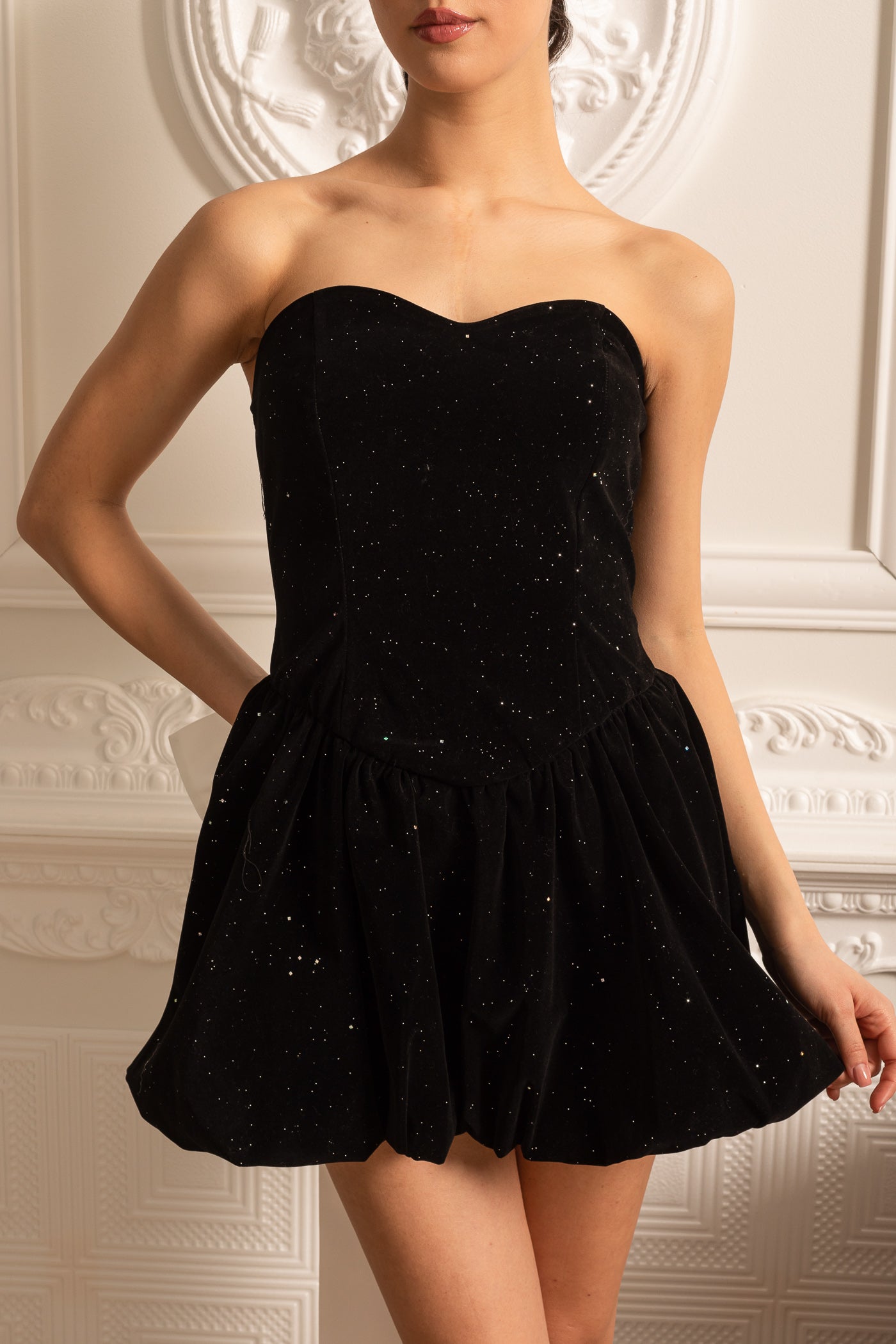 Velvet Mini Dress With Oversized Contrasting Back Bow And Delicate Starry Accents - Black