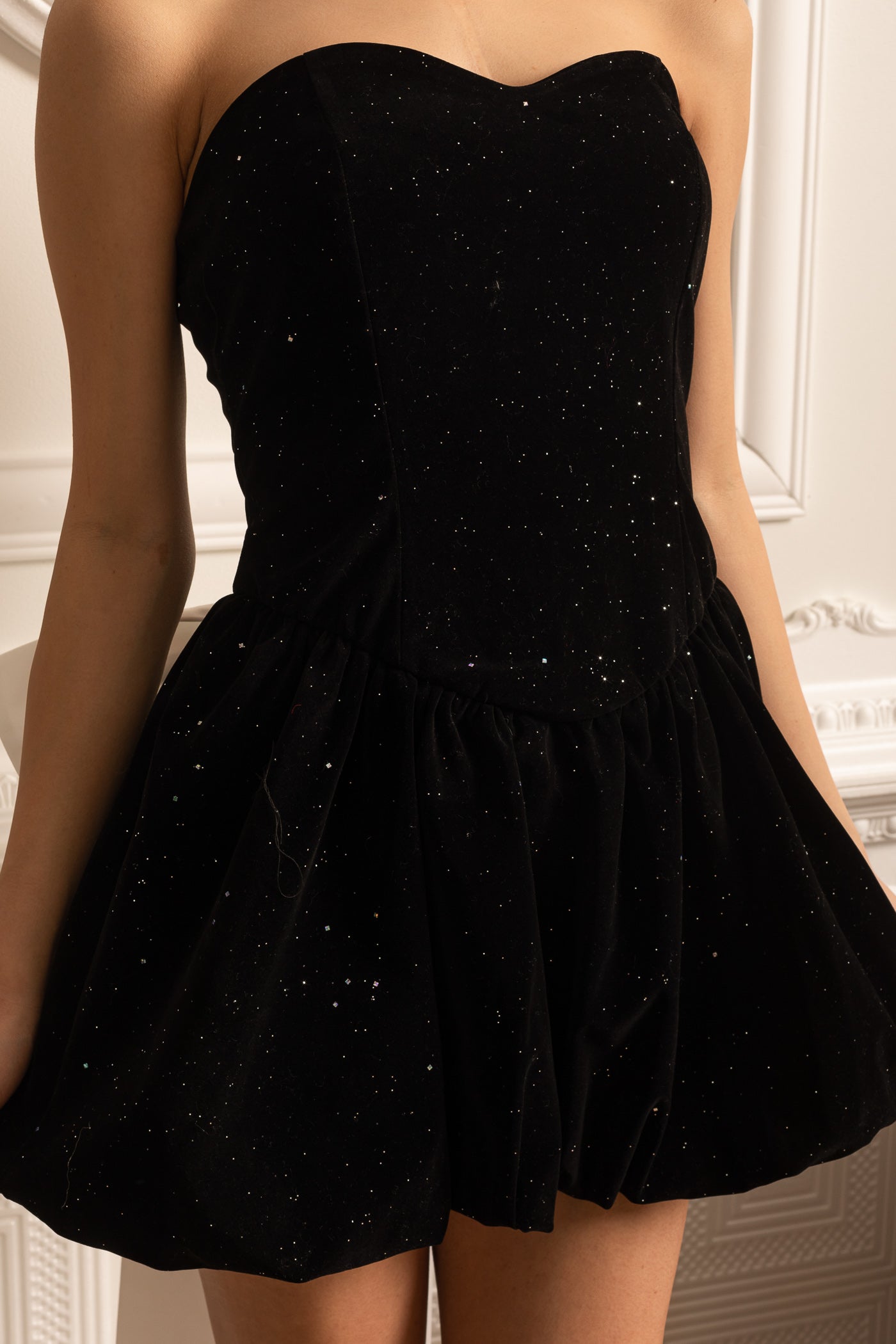 Velvet Mini Dress With Oversized Contrasting Back Bow And Delicate Starry Accents - Black