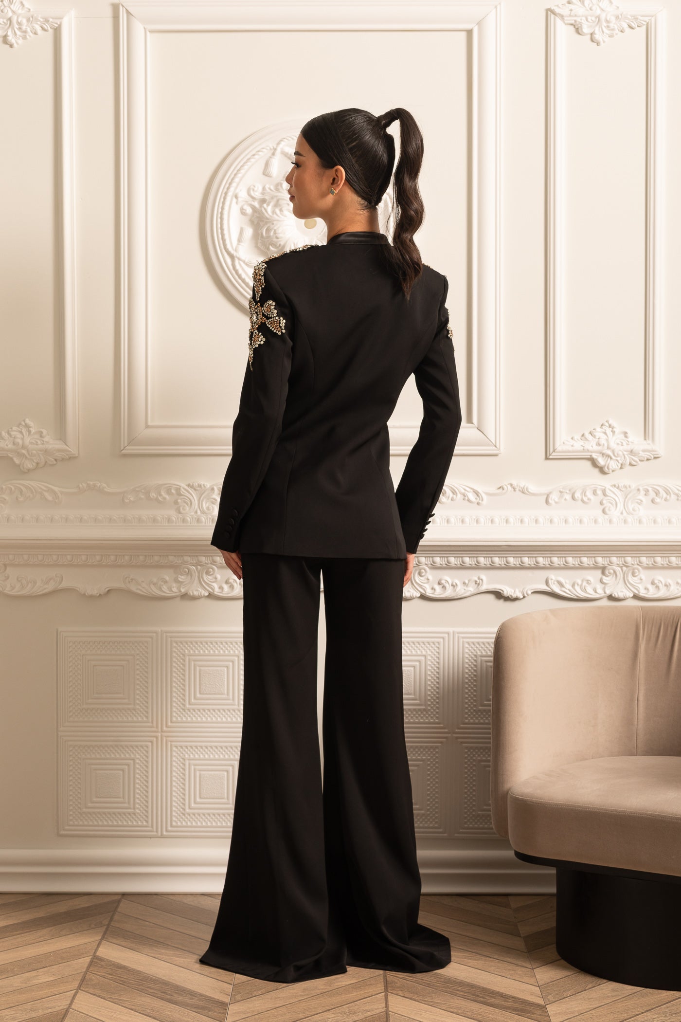 Elegant Set With Diamond Embellished Blazer And Coordinated Flared Long Pants - Black