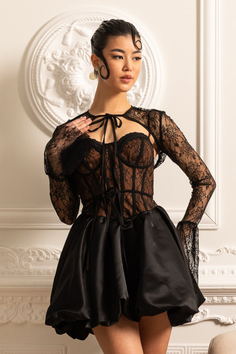 Lace Corset Mini Dress With Ribbon Tie Neckline - Black